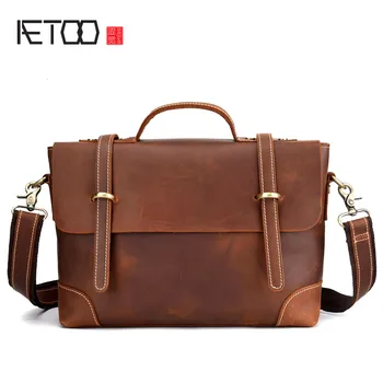 

AETOO Leather retro men's bag casual postman portable briefcase shoulder slung European and American vintage bag Crazy horse