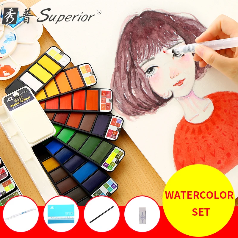 

Superior 18/25/33/42Colors Solid Watercolor Paint Set With Paint Brush Portable Watercolor Pigment For Artist Art Supplies
