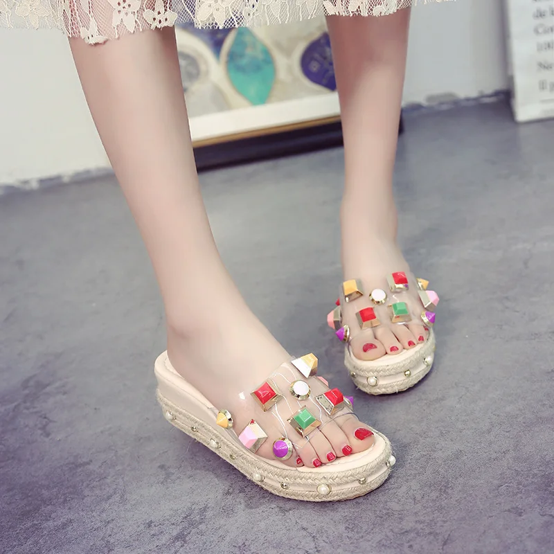 

colorful rivets platform slides transparent pearl open toe wedges slippers woman summer roman gladiator shoes new arrival