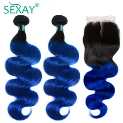 SEXAY синий Омбре бразильские тела волна пучки с закрытием не Реми волосы омбре с темными корнями человеческие волосы плетение 3 Связки с