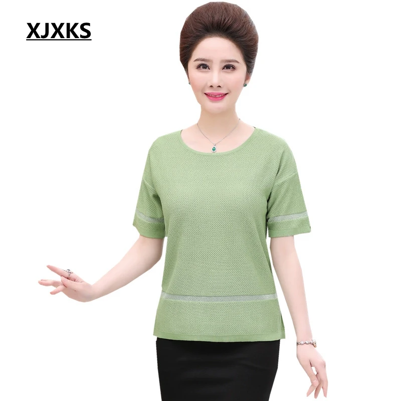 

XJXKS 2018 New Fat Mother Summer Tops Solid Knit Tee Shirt Femme Short-sleeved Large Size T-shirt Plus Size Women Top