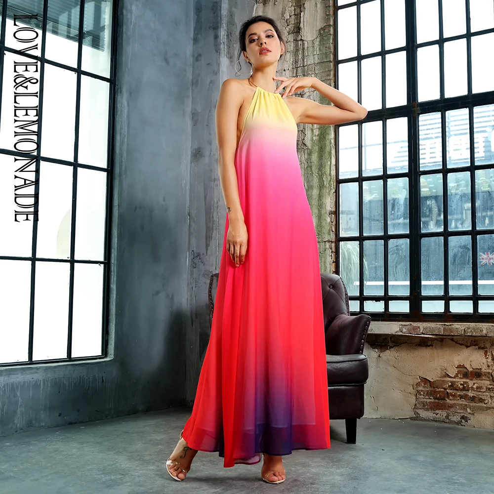 

Love&Lemonade Metal Circle Round Neck A Open Back Back Gradient Chiffon Long Dress LM80409-1