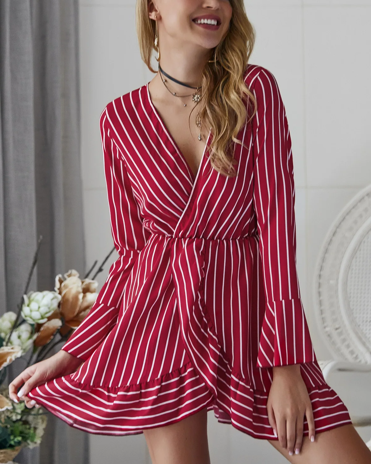 

V Neck Summer Dress 2019 Long Sleeve Women Striped Mini Dress Elegant Party Beach Dresses Vestidos