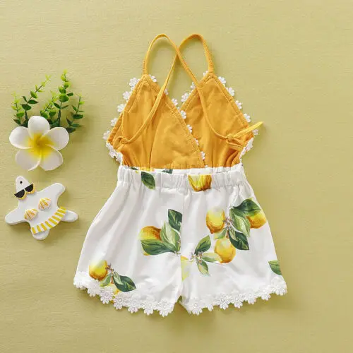 Toddler Kids Baby Girl Tassel Backless Sleeveless Lace Patchwork Lemon Printed Fashion Romper Clothes Sunsuit Outfits