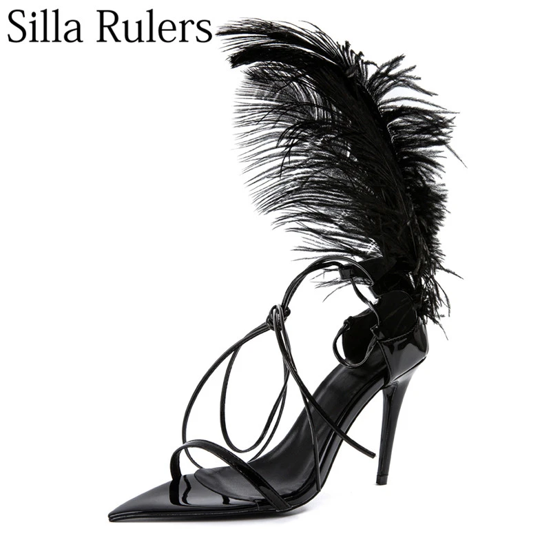 feather ankle strap heels