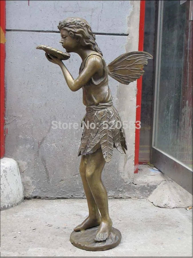 

30.5"Western ART Bronze Sculpture Fairy Butterfly belle Beauty Drink the dew St
