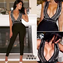 Одежда высшего качества! Новое поступление женский черный v-образный вырез украшение кристаллами Леди Бисероплетение бандаж знаменитости для вечеринок комбинезон оптом