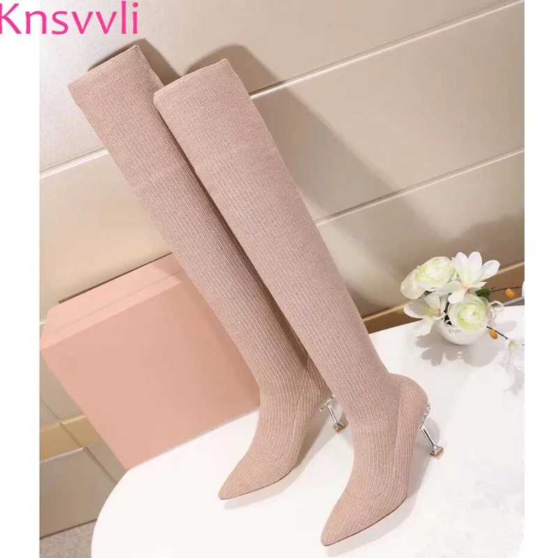 

Autumm New Style Tighten Stretch Boots Women Pointy Toe High Heel Knit Boots Crystal Studded Over The Knee Sock Boots Ladies