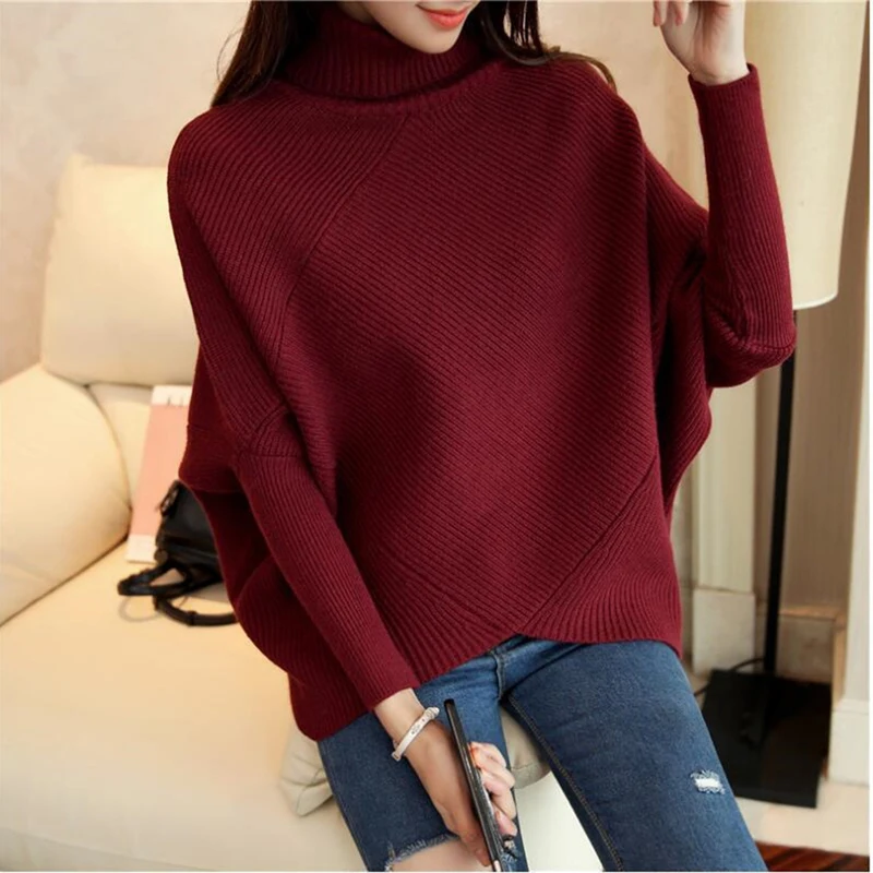 

Autumn winter sweater Pullovers New Women loose turtleneck Sweater Korean batwing sleeve irregular sweater coat