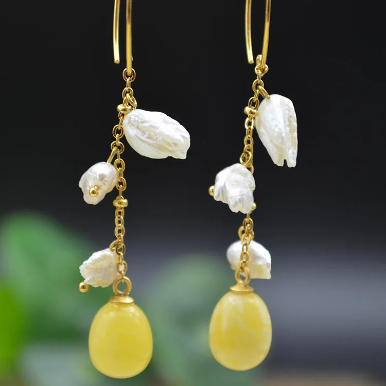 

Italian designer natural beeswax pearl 925 sterling silver gilt earrings