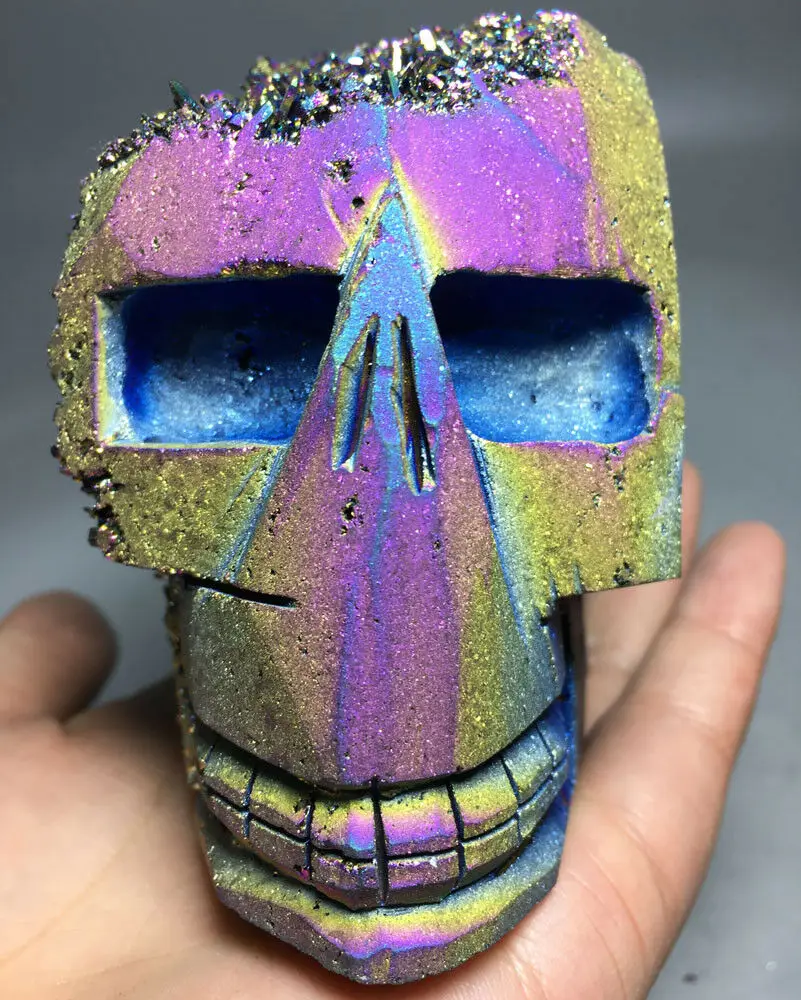 

672g Purple &Blue Aura Natural Carving Skull Titanium Silicon Rainbow CRYSTAL pokemon figures