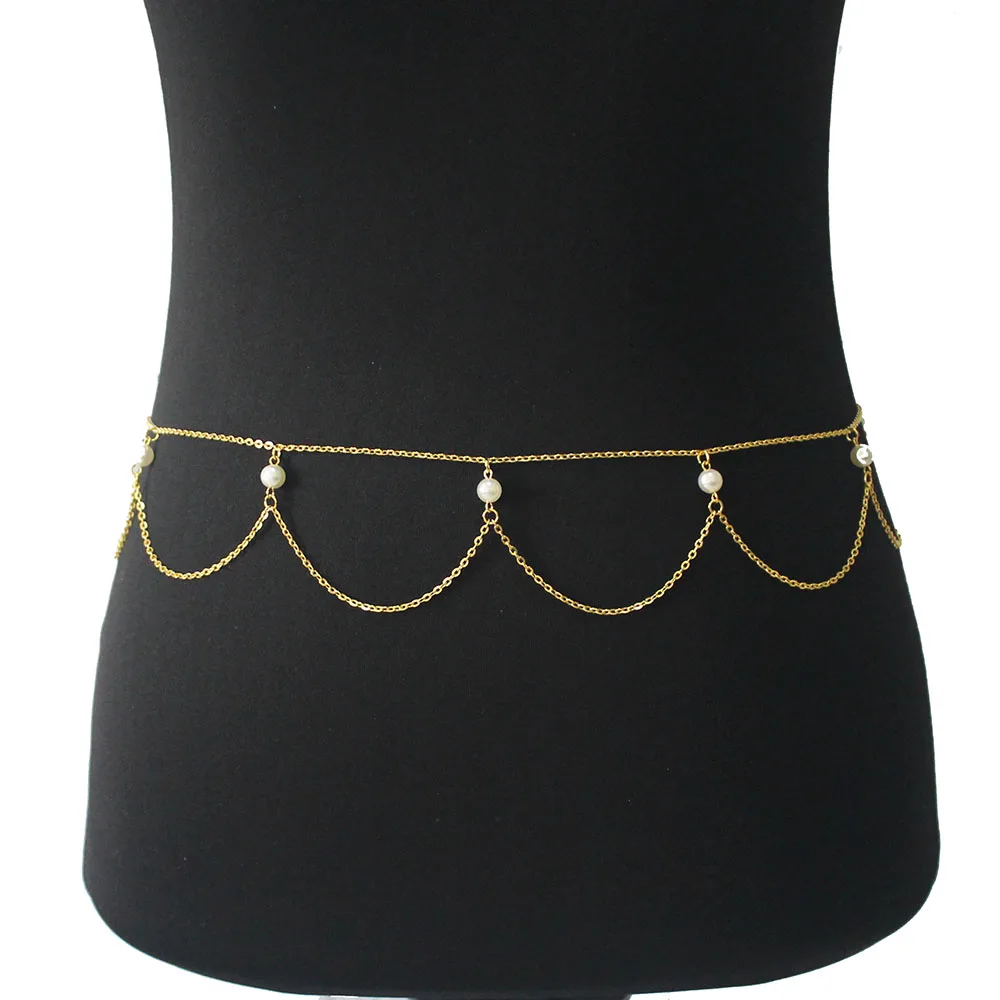 Boho Silver Gold Metal Belly Waist Chain Tassel Pearl Charms Body