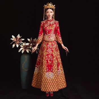 

Red Wedding dress traditional chinese Qipao National Costume Womens Overseas New China Style Bride Embroidery Cheongsam S-XXL