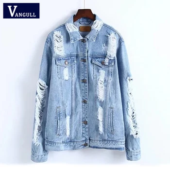 

VANGULL Vintage Denim Jacket Women Break Hole Coat 2019 New Spring Fashion Streetwear Cool Jeans Jacket Coat Outwear with Pocket