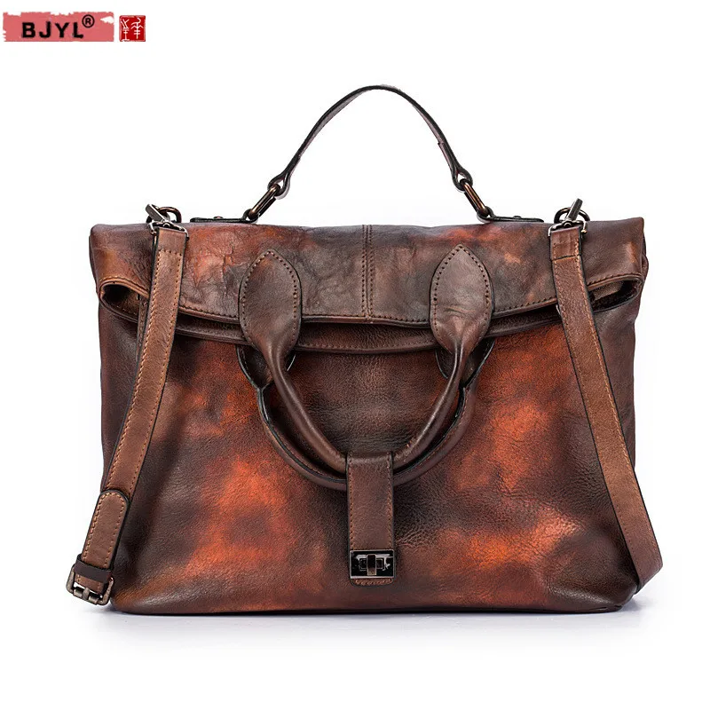 

BJYL Printed documentary bag Women handbags handmade suede genuine leather diagonal shoulder bag female retro messenger bags