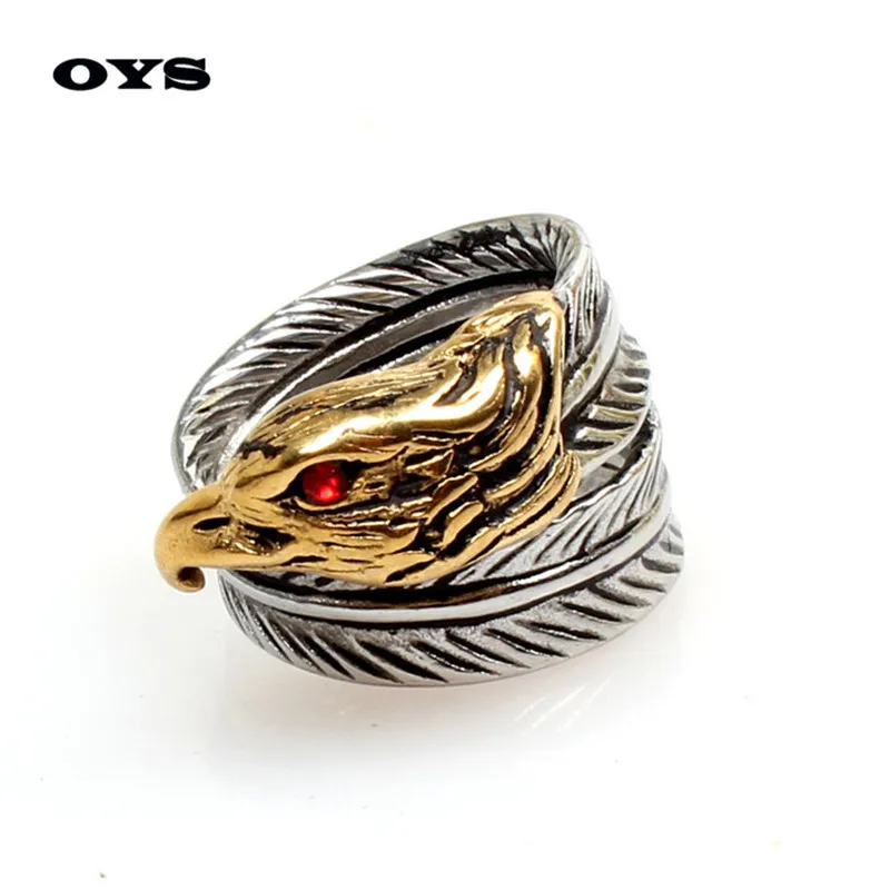 316LStainless Steel Fashion Jewelry Exclusive Red Eye Eagle Ring Retro Personality Russian Ring Men’s,Gold,Silver Free Shipping