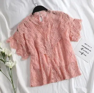 Женская блузка из двух частей с цветочным принтом и сеткой, летняя, осенняя, милая, открытая, кружевная рубашка, женские блузы с коротким рукавом, Короткие топы AB1451 - Цвет: Розовый