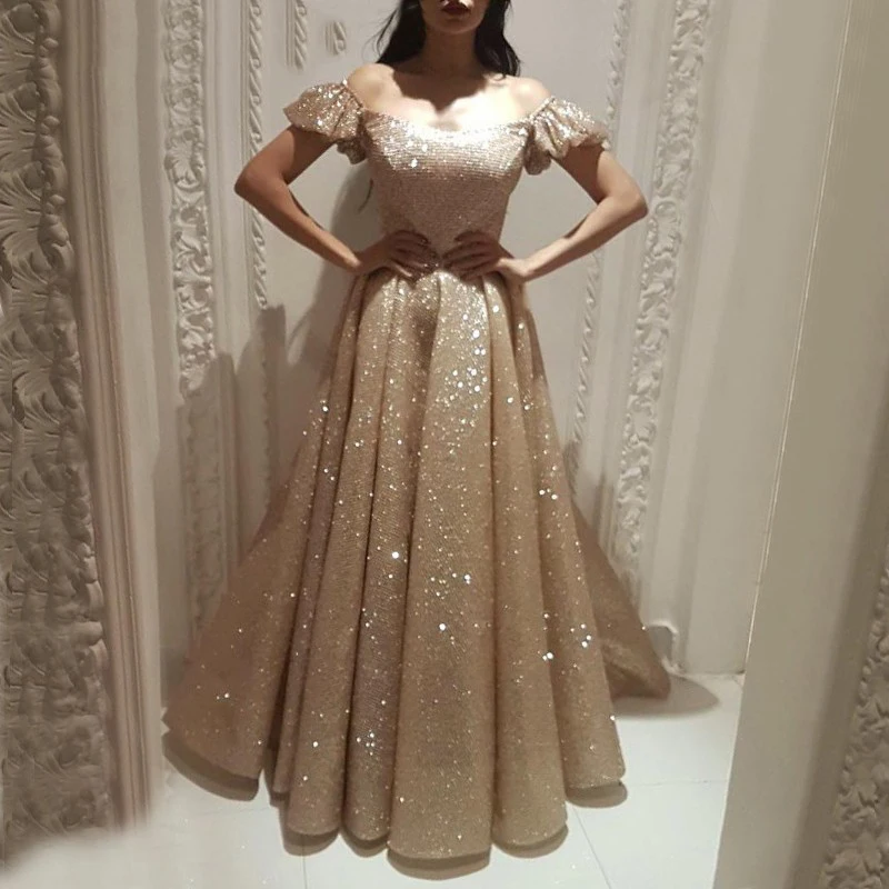 

Saudi Arabian Moroccan Champagne Glitters Evening Dresses 2019 Party Elegant for Women Long Sleeves Lace Dubai Caftans