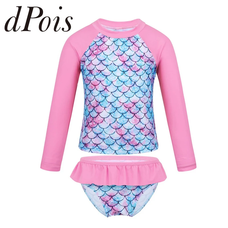

Kids Girls Tankini Long Sleeves Fish Scales Printed Rashguard Swimsuit Swimwear Bathing Suit Set Tops with Bottoms Swimming Suit