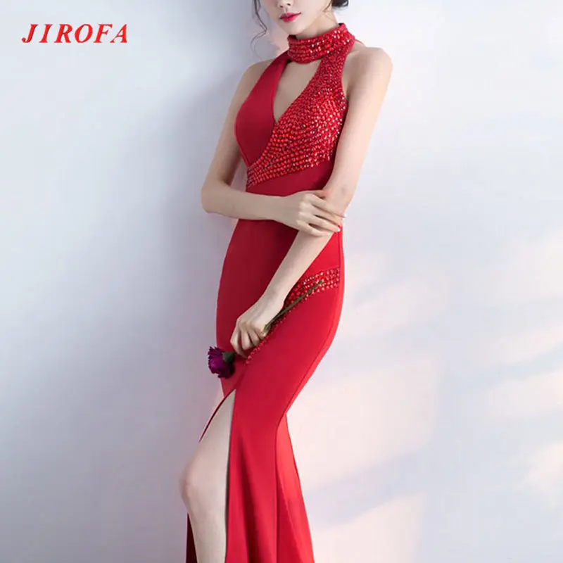 JIROFA Vestidos Verano, вечернее платье, труба, бисер, бодикон, Холтер, v-образный вырез, длинное, макси, сексуальное платье, вечерние, для ночного клуба, женское платье