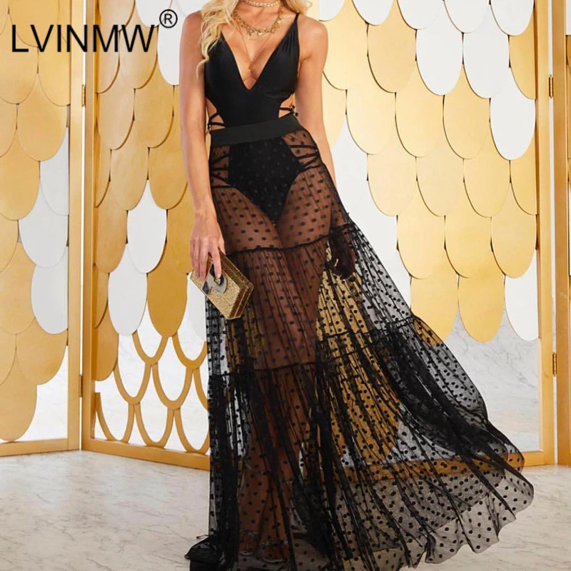 Женская длинная сетчатая юбка LVINMW белая Повседневная Прозрачная Юбка в горошек