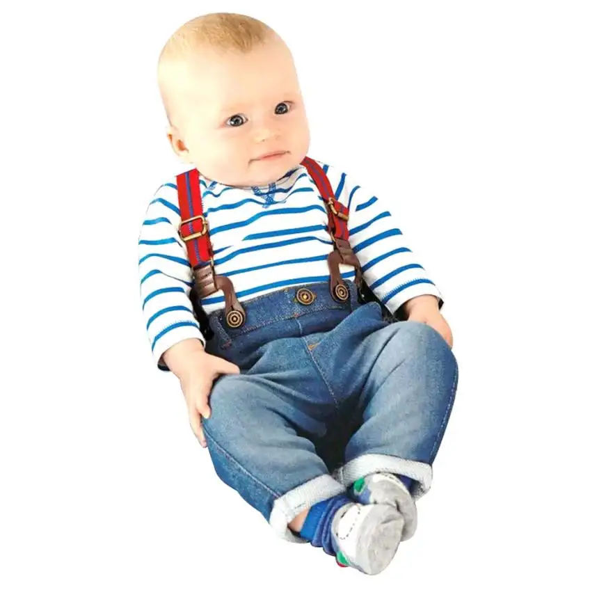 

Nice Baby Boys Clothes Sets Pants Sets Striped T-shirt Top Jeans Overall Outfits kids designer brand kids 2015 Free Shipping
