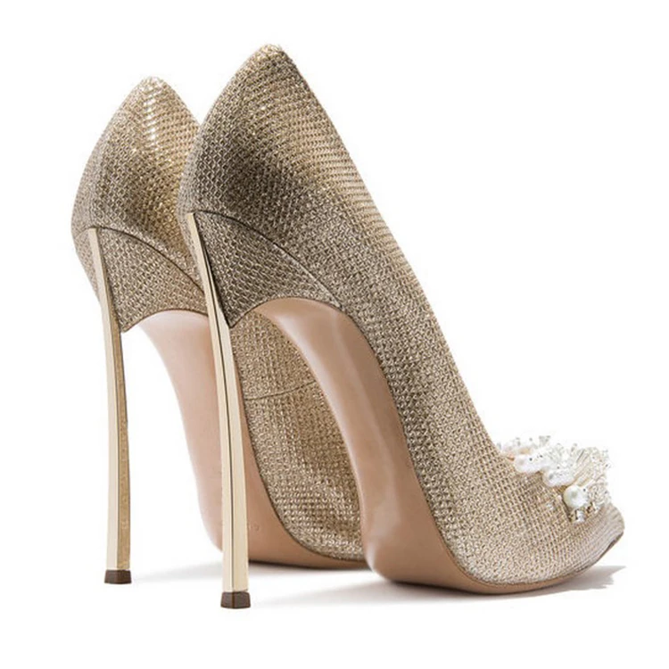 Большие размеры 33-43; золотисто-белые туфли с украшением; женские туфли-лодочки со стразами и бусинами; свадебные туфли с острым носком без застежки на высоком каблуке