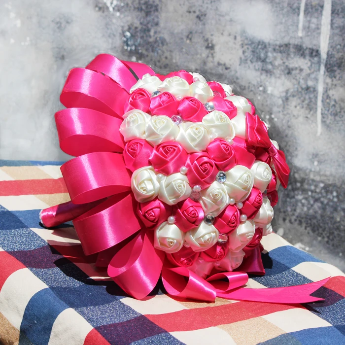 Hot Pink Silk Bridal Wedding Bouquet Artificial Rose Wedding Flower Crystal Bridesmaid Brooch Holding Flower Free Shipping