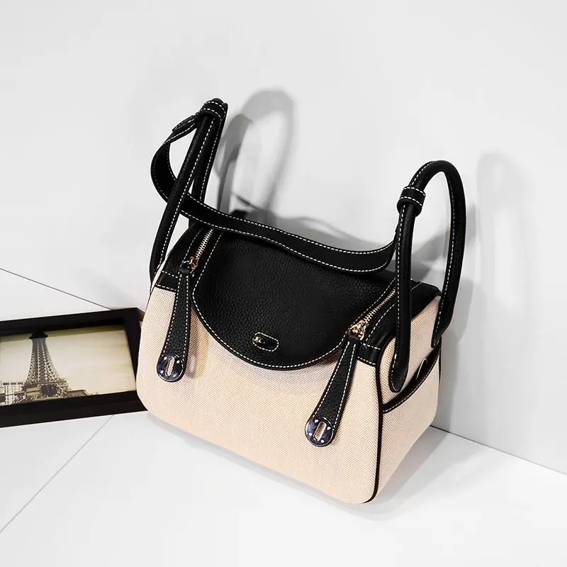 

LOEIL Contrast color leather doctor bag leather handbag large capacity handbag canvas medicine bag