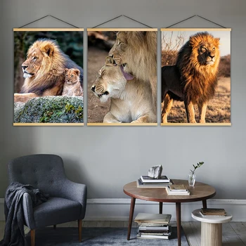 

Nordic Style Wall Art Home Decoration Print Animal Lion Canvas Picture Wooden Scroll Tree Hanging Painting Poster Living Room