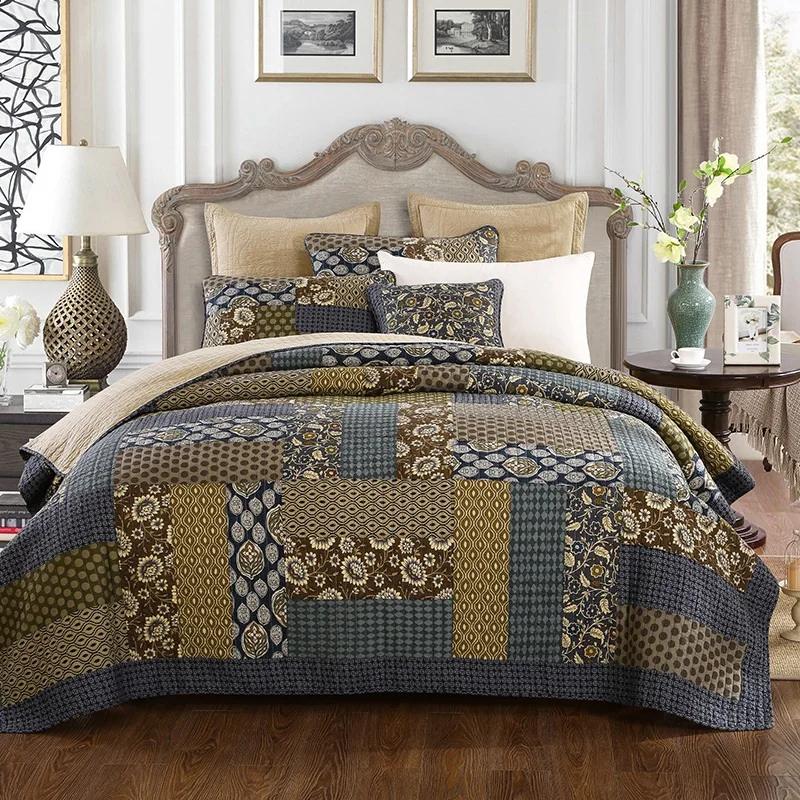 

CHAUSUB Patchwork Bedspread Quilt Sets 3-Pieces Vintage Handmade Bed Cover With 2 Pillowcase King Queen Size Summer Coverlet