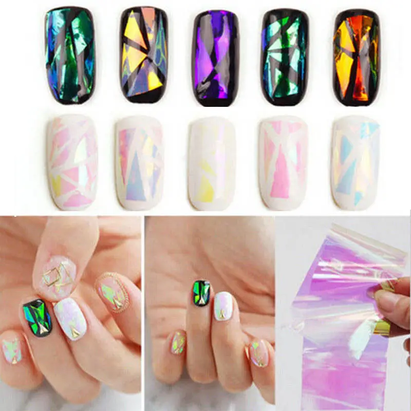 

5 Sheets /set Different ColorsNEW Broken Glass Pieces Mirror Foil Tips Stencil Decal Nail Art Sticker Cute Tools