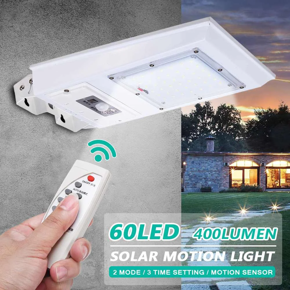 

Outdoor 60 LED Solar Street Light Waterproof IP65 Remote Control Motion Sensor Solar Powered Lamp for Wall Garden Path Yard Path