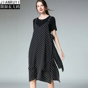 

large dress plus size robe 2019 summer boheme femme oversized casual black polka dot condole belt mom dresses for women loose