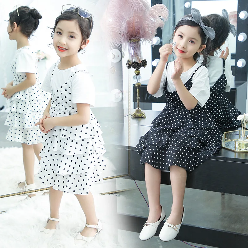 Girls Skirt Suit  White Short Sleeve T-shirt Polka Dot Strap Dress Children Two-Piece Set