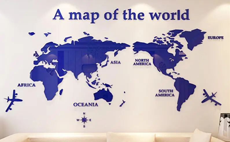Карта мира 3D Хрустальные акриловые наклейки на стену для офиса гостиной диван фон домашний декор художественная настенная наклейка наклейки Рождественский подарок - Цвет: Синий