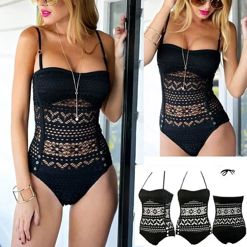 

GLANE Women Solid Bikini Bandage Push Up Swimwear Lace One Piece Swimsuit Bathing Beachwear