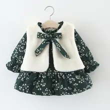 Новое зимнее платье для маленьких девочек, одежда для маленьких девочек, теплые флисовые платья с бантом для маленьких девочек+ жилет, комплект из 2 предметов, одежда для малышей 0-3 лет