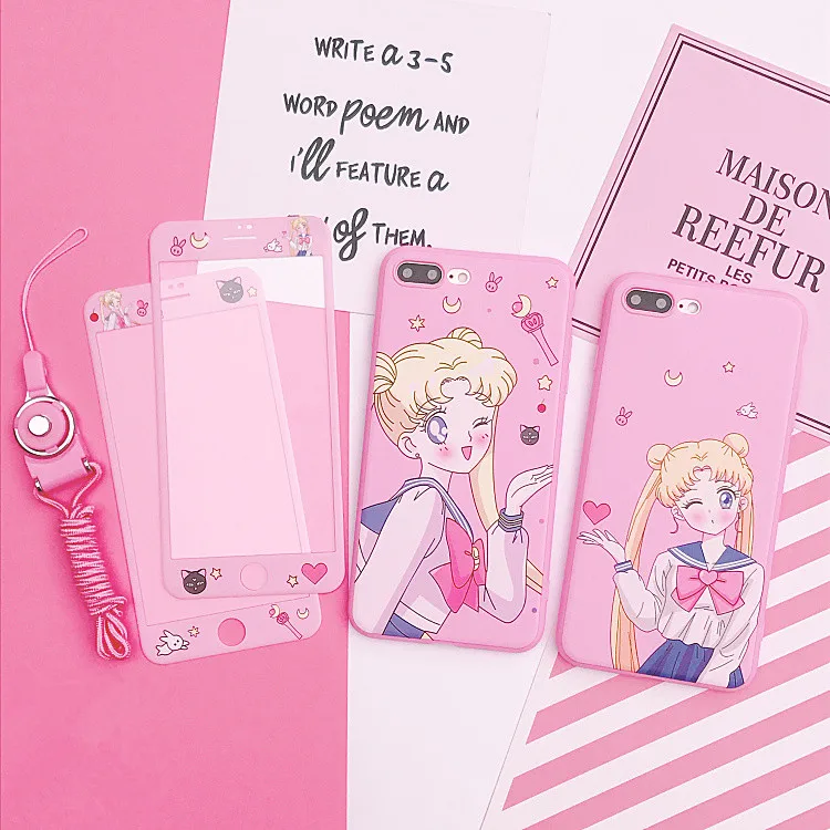 

For iphone X Cardcaptor Sakura Case+Tempered Glass Screen Protector Film for iPhone 6 6s Plus 7 7plus 8 8plus Sailor Moon cover