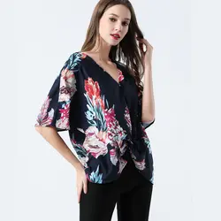 Женская шифоновая рубашка 2019 летняя Половина рукава цветочный принт блузки с v-образным вырезом и топы с пуговицами Большие размеры