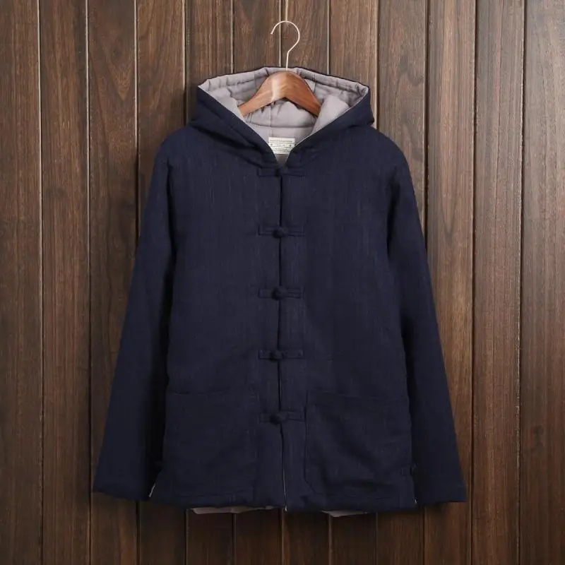 2016 New Chinese Style Men’s Autumn and Winter Fashion Wind Thickening Hooded Jacket Thick Linen Jacket Retro Chinese Hanfu Y116
