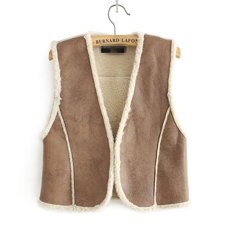 2015 Fashion Suede Vest Women High Quality Faux Fur Lining Thicken Short Sleeveless Jacket for