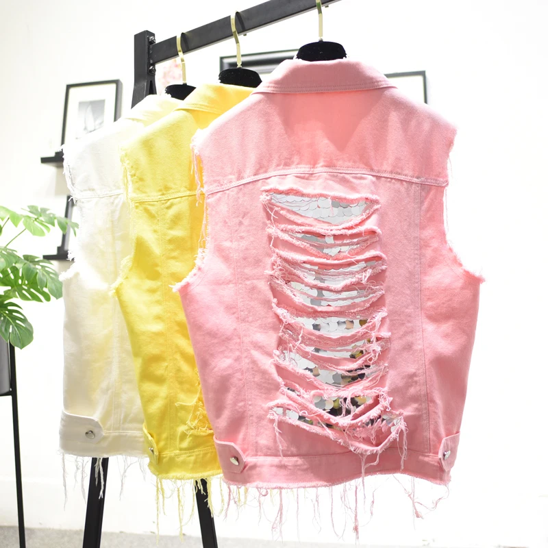 

2019 Fashion Sequin Hollow-out Yellow Vest Women Pink Patchwork Casual Loose Denim Jacket Sleeveless Female Jeans Coat Summer