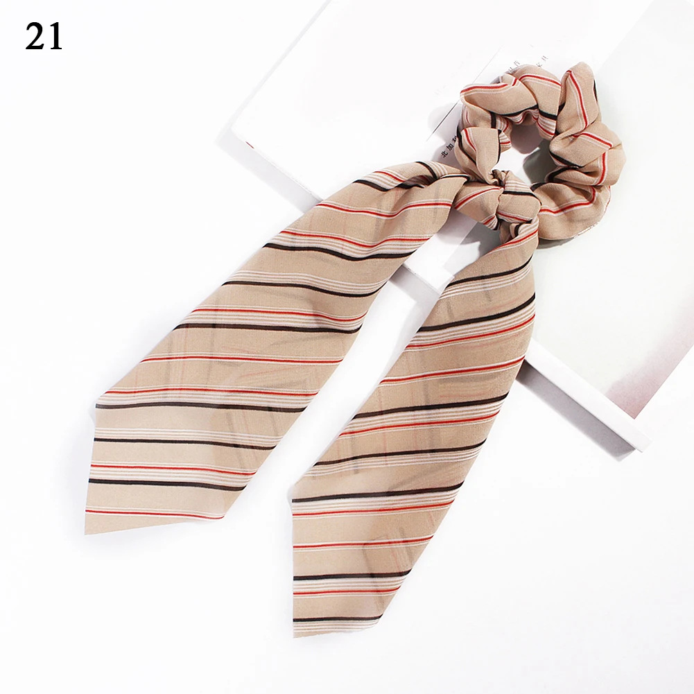 DIY Solid/Floral Print Bow Satin Long Ribbon Ponytail Scarf Hair Tie Scrunchies Women Girls Elastic Hair Bands Hair Accessories - Цвет: A21