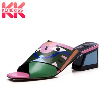 

KemeKiss Size 33-43 Women High Heel Real Leather Sandals Mixed Color Slippers Print Slides Summer Beach Shoes Women Footwear