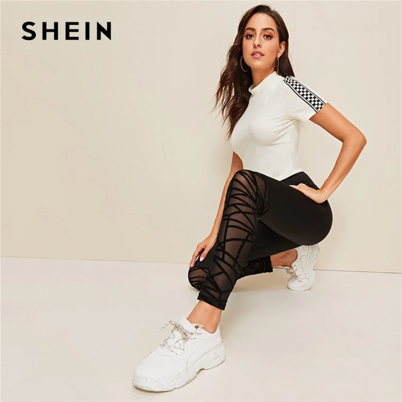 SHEIN модные обтягивающие леггинсы с сетчатым подолом, черные эластичные женские леггинсы для тренировок, повседневные леггинсы с контрастной сеткой