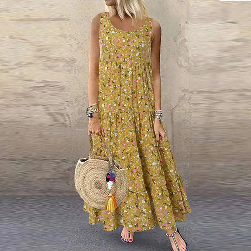 

Women Bohemian Floral Printed Sundress Summer Sleeveless Dresses Robe Femme Beach Dress Sarafans Vintage Party Vestido Kaftan