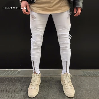 

2018 new Men white Jeans Stretch Destroyed Ripped Design Fashion Ankle Zipper Skinny Jeans For Men