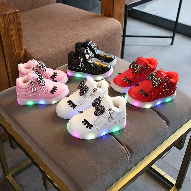 2018 LED Lights up winter baby girls fashion boots plush keep warm snow