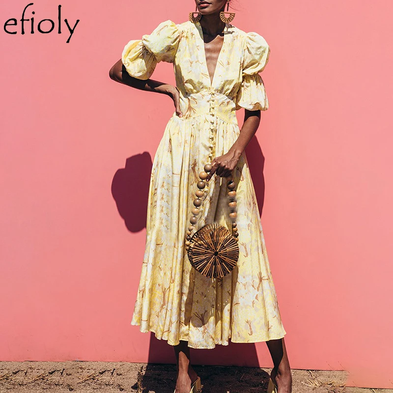 

EFIOLY Boho Yellow Floral Puff Sleeve V Neck Long Dress with Belt Korean Elegant White Dresses Clothes New Holiday Vacation